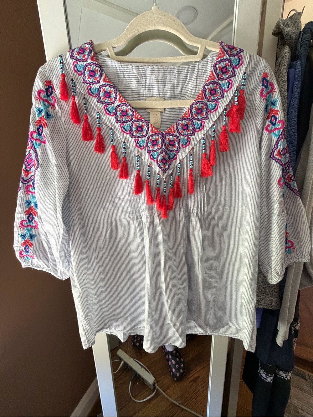 Chico's White Striped Peasant Top with Pink & Red Embroidery, 1P